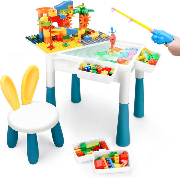 طاولة الانشطة التعليمية متعددة الوظائف ، طاولة العاب تعليمية, مكعبات ليغو تركيب مع كرسي و طاولة تركيب