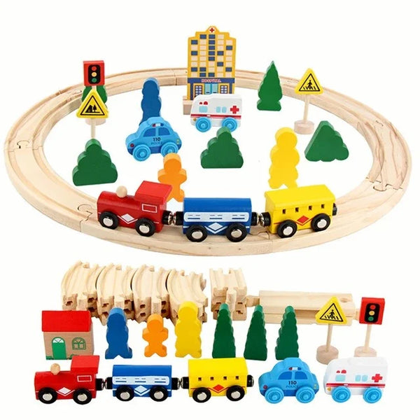 A battery-operated wooden train toy