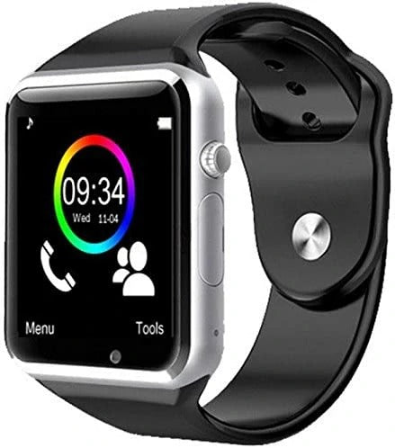 A smart watch with a compatible rubber strap that works via Bluetooth, a camera, and supports a SIM card