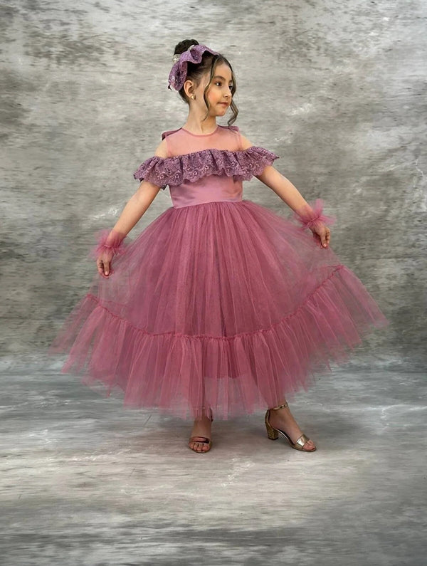 فستان زهري فاتح مزين بالتول مع كشكشة على التنورة وأكمام قصيرة للأطفال من عمر 6 إلى 9 سنوات No.4