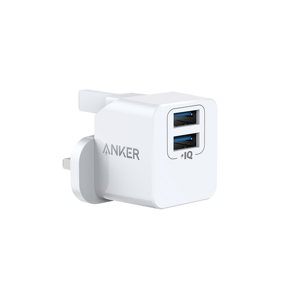 Anker PowerPort, a small wall charger with two USB ports and a power of 12 watts