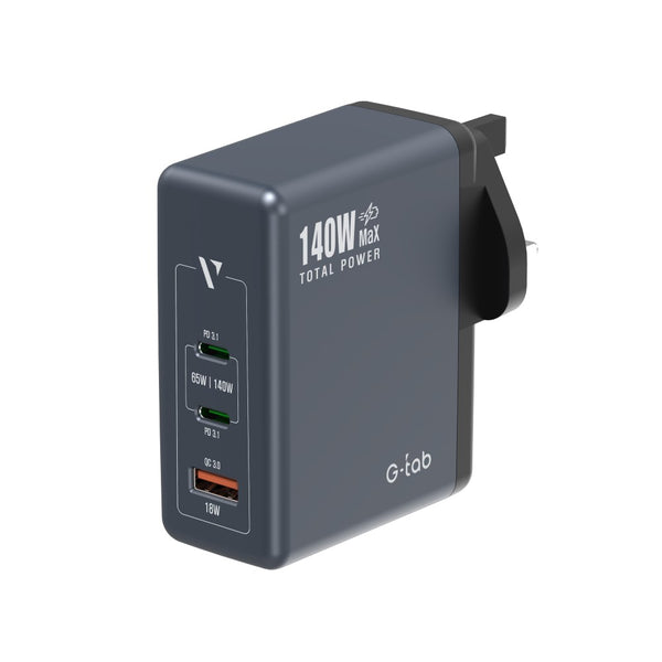 G-Tab 140W Wall Charger with Dual Type-C Ports for Super-Fast Charging and QC3.0 USB Port